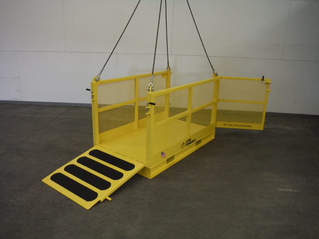 Custom Material Basket with Non-Skid Ramp. Side view, open ramp and door