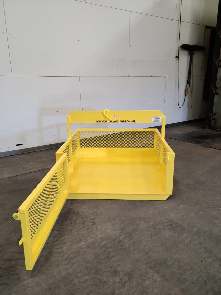 Custom Single Pick Material Basket. Front view, open gate