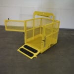Custom Single Pick Material Basket. Side view, open gate and ramp