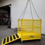 Custom Crane Suspended Material Platform with Casters. Side view, open ramp