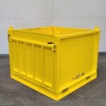 Forklift and Crane hoisting Material Basket. Side view